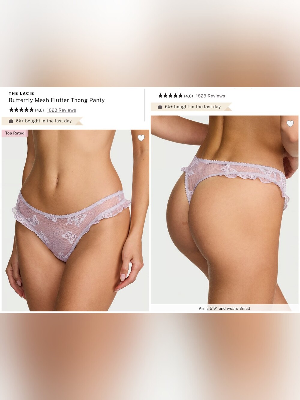 Victoria's Secret The Lacie Buttergly Mesh  Flutter Thong  Panty LILAC XLARGE